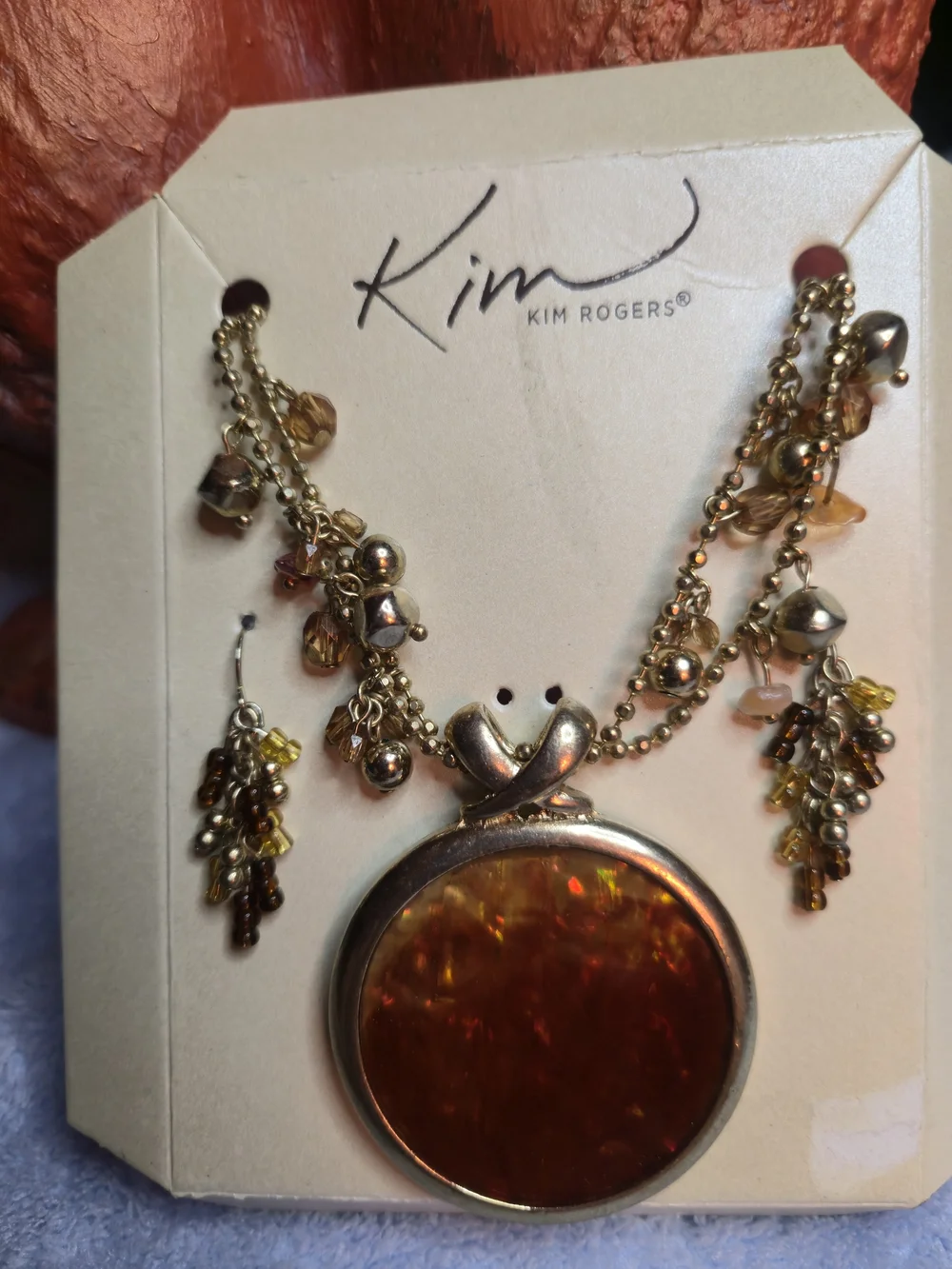 Kim Rogers Gold-Tone Orange Iridescent Pendant Necklace & Earrings Set